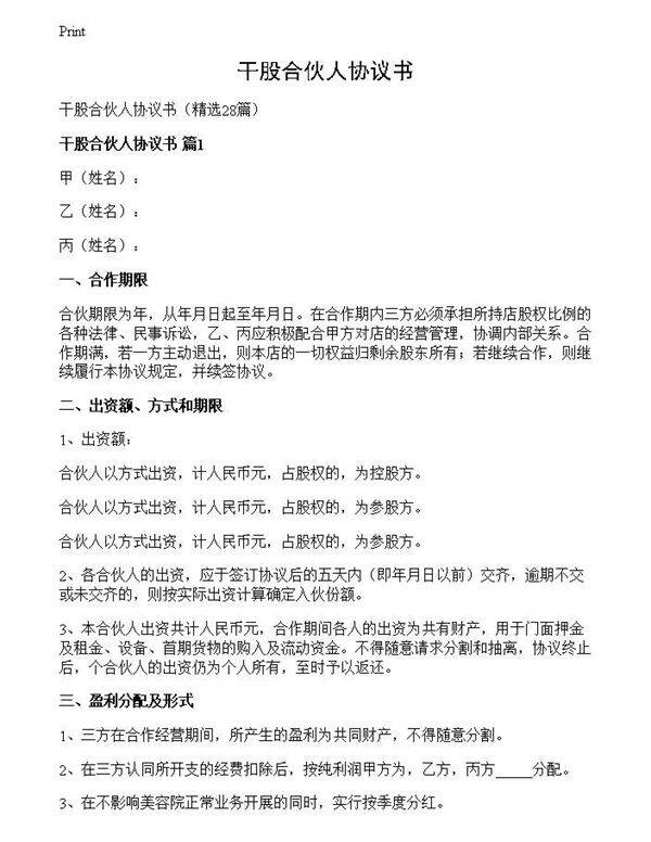 干股合伙人协议书