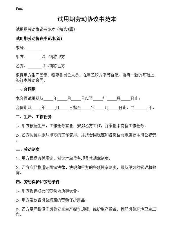 试用期劳动协议书范本