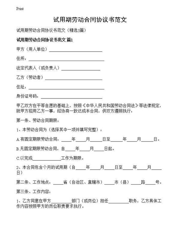 试用期劳动合同协议书范文