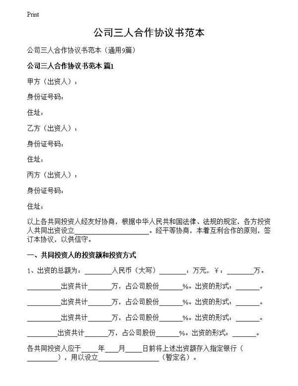 公司三人合作协议书范本