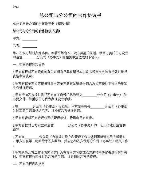 总公司与分公司的合作协议书