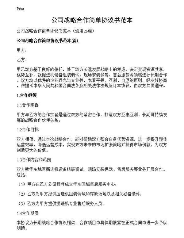 公司战略合作简单协议书范本