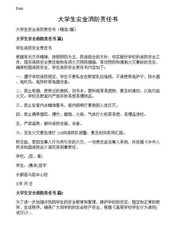 大学生安全消防责任书