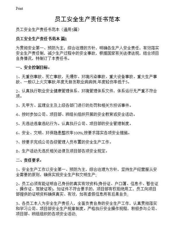 员工安全生产责任书范本