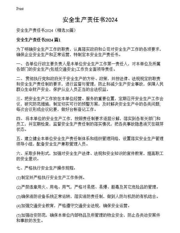 安全生产责任书2024
