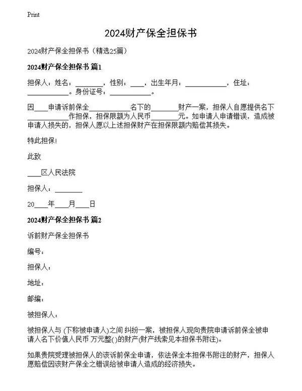 2024财产保全担保书