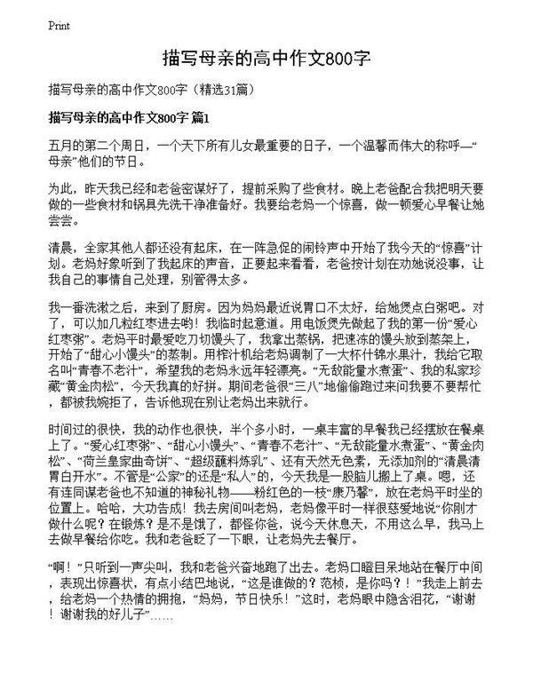 描写母亲的高中作文800字