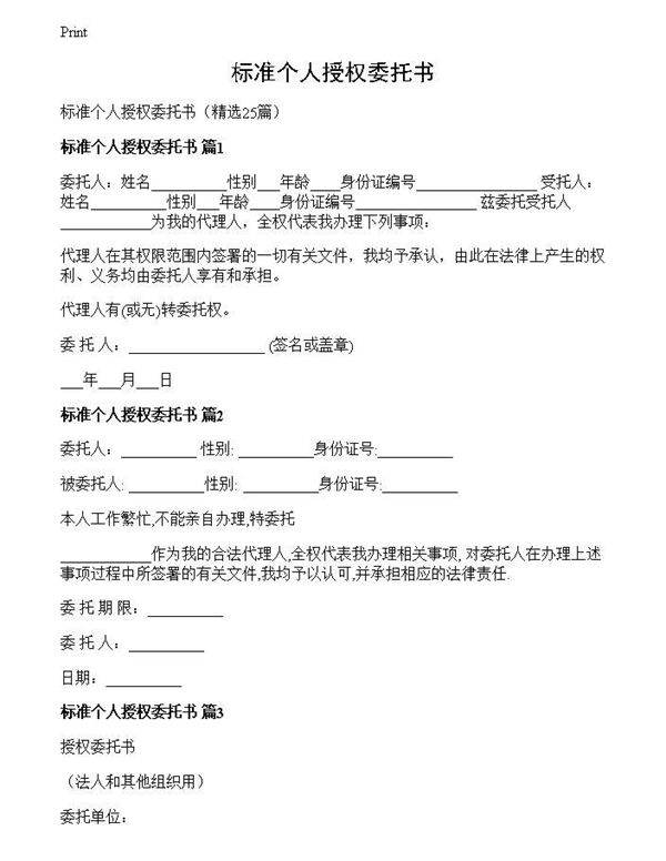 标准个人授权委托书