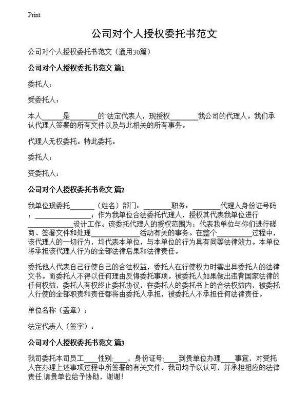公司对个人授权委托书范文