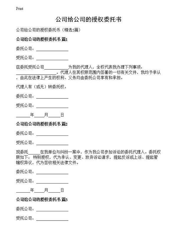 公司给公司的授权委托书