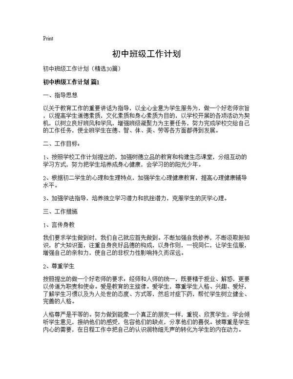 初中班级工作计划30篇