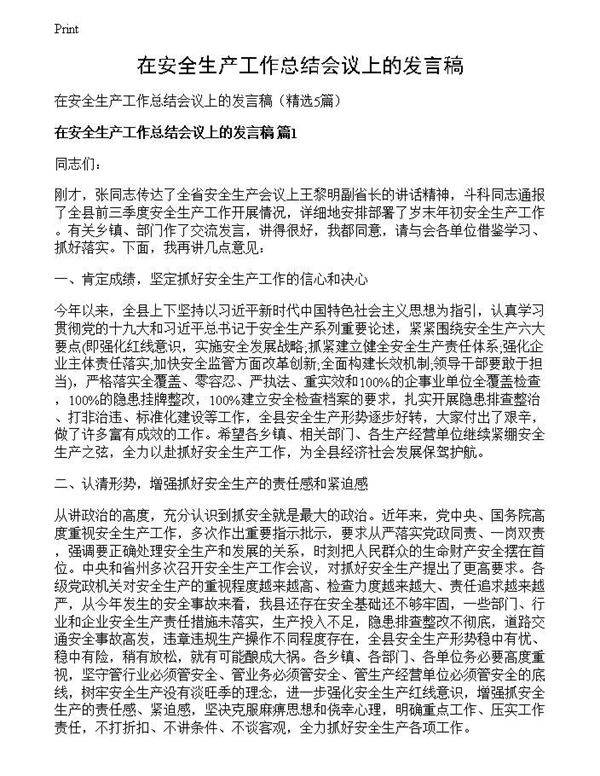在安全生产工作总结会议上的发言稿