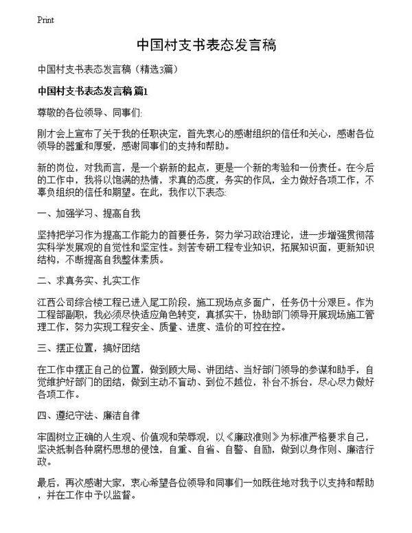 中国村支书表态发言稿