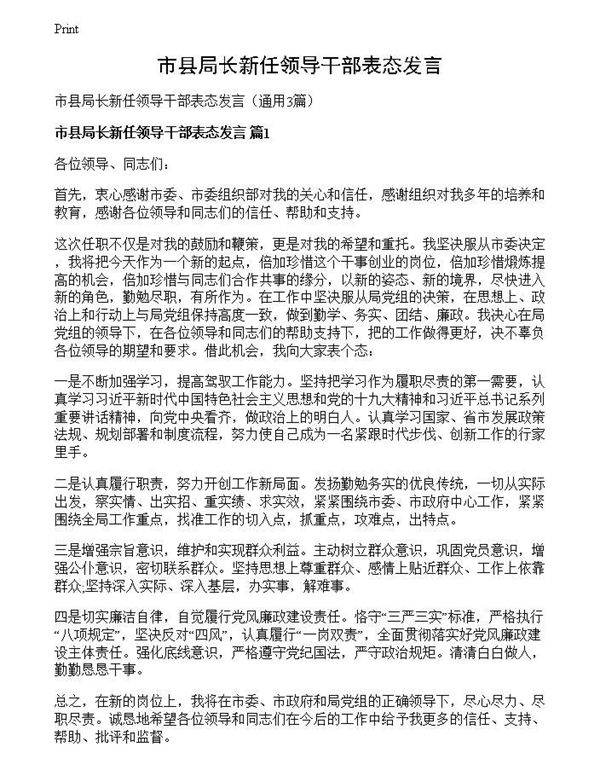 市县局长新任领导干部表态发言