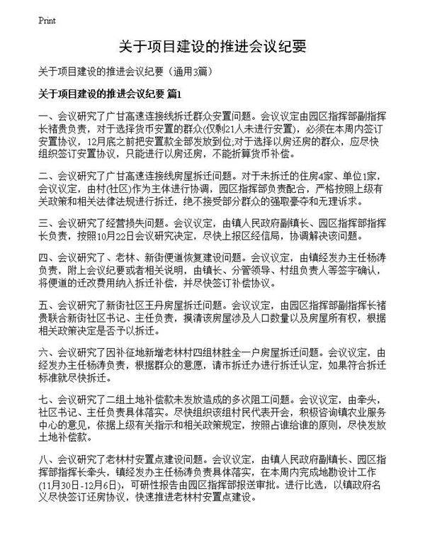 关于项目建设的推进会议纪要