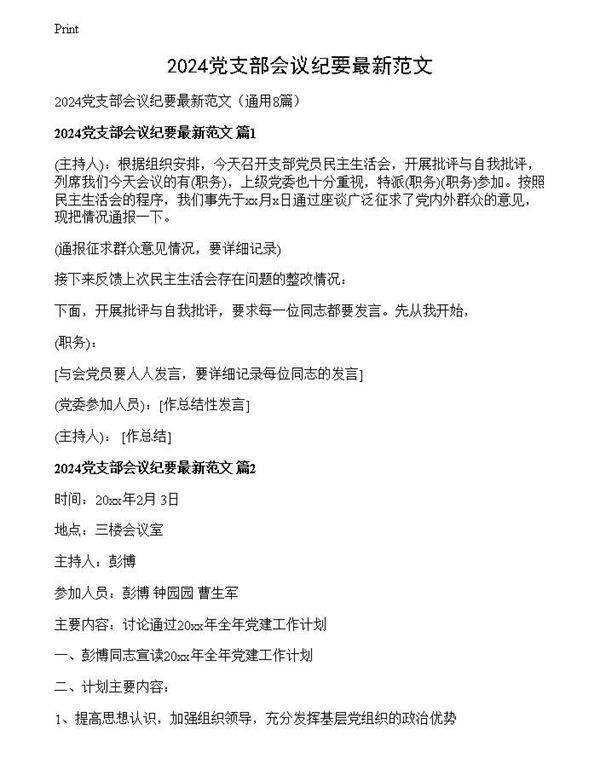 2024党支部会议纪要最新范文