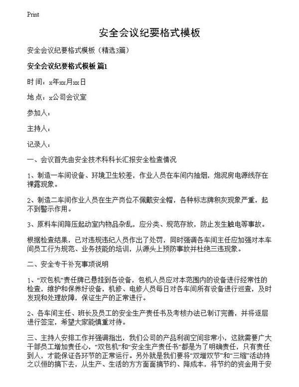 安全会议纪要格式模板