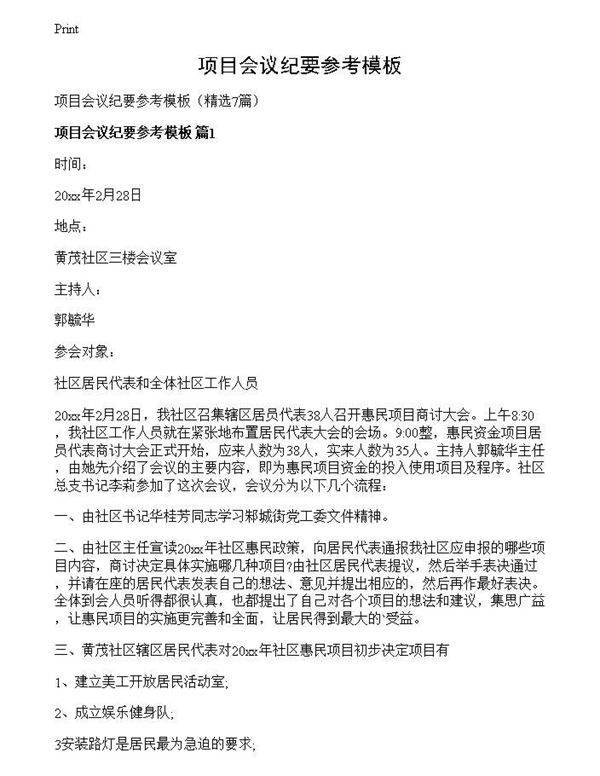 项目会议纪要参考模板