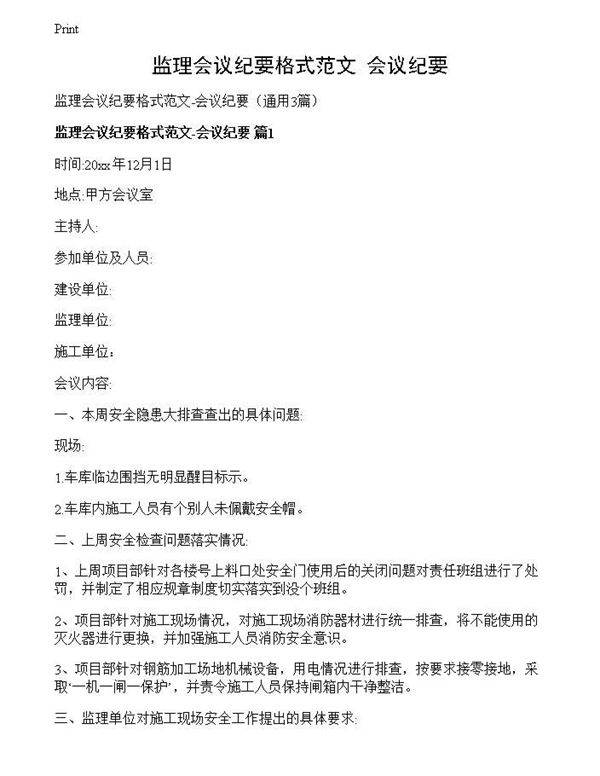 监理会议纪要格式范文-会议纪要