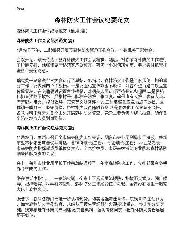 森林防火工作会议纪要范文