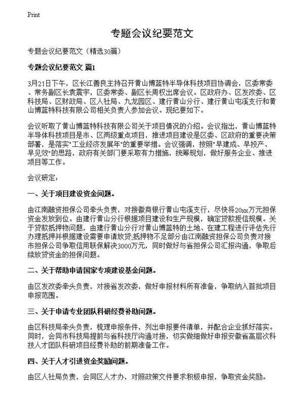 专题会议纪要范文