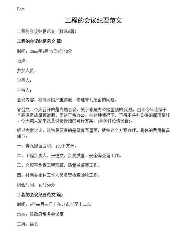 工程的会议纪要范文