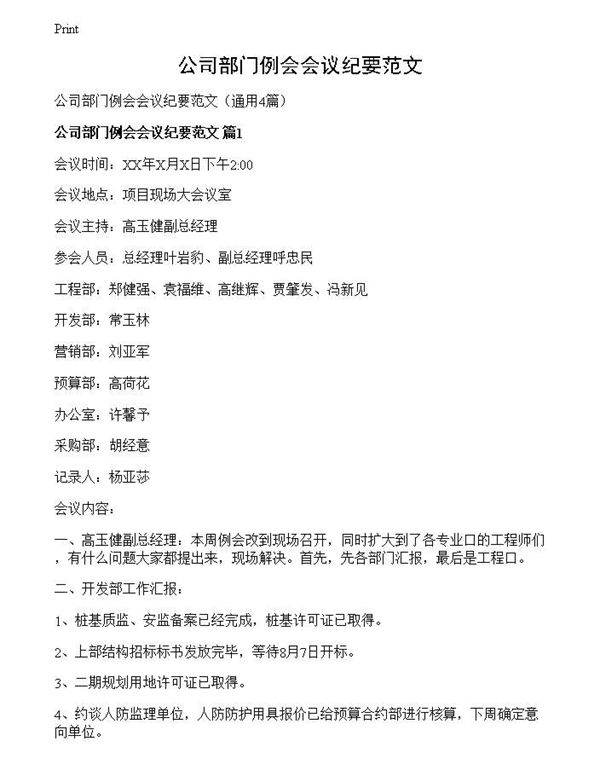 公司部门例会会议纪要范文