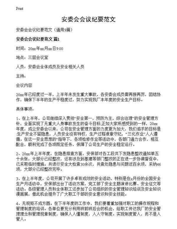 安委会会议纪要范文