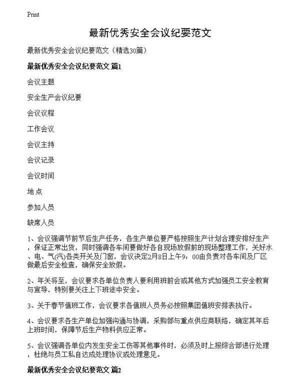 最新优秀安全会议纪要范文