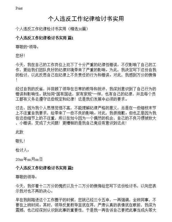 个人违反工作纪律检讨书实用