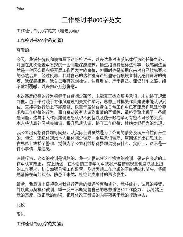 工作检讨书800字范文