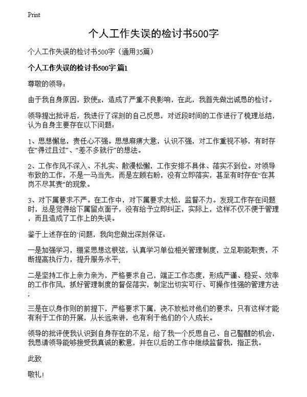 个人工作失误的检讨书500字