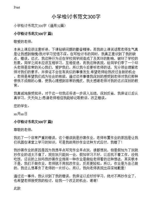 小学检讨书范文300字