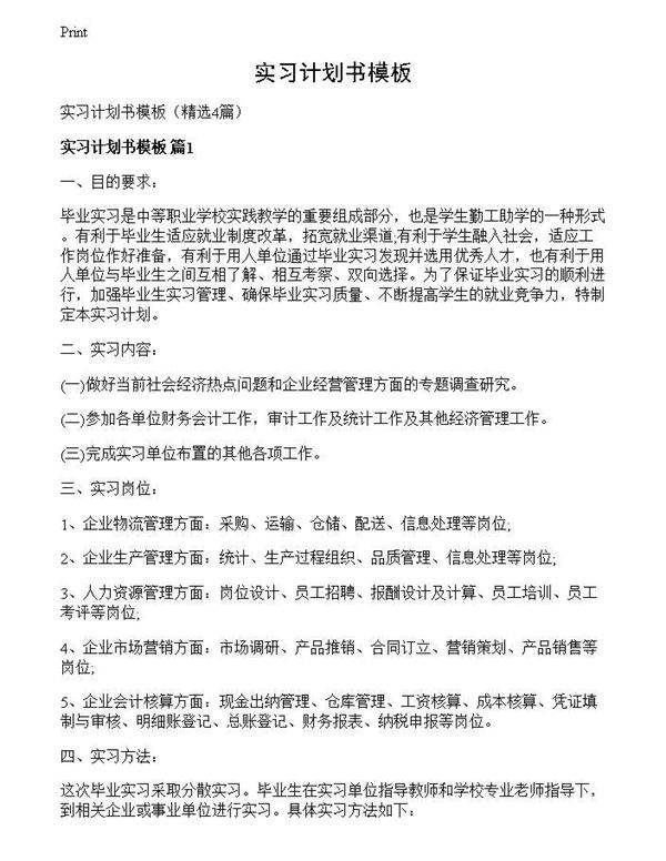 实习计划书模板