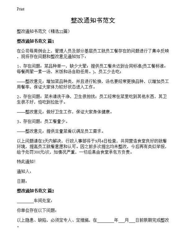 整改通知书范文