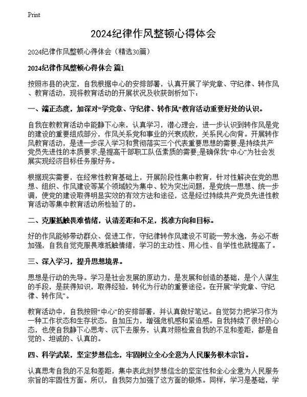 2024纪律作风整顿心得体会