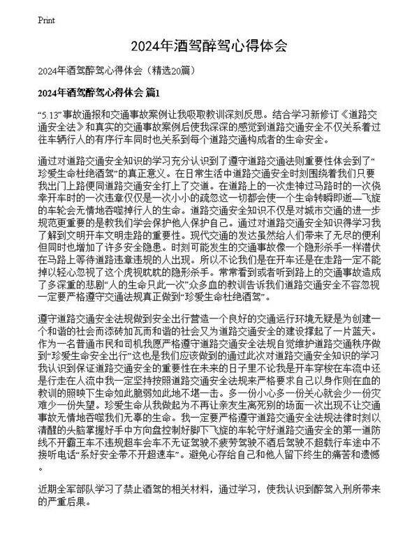 2024年酒驾醉驾心得体会