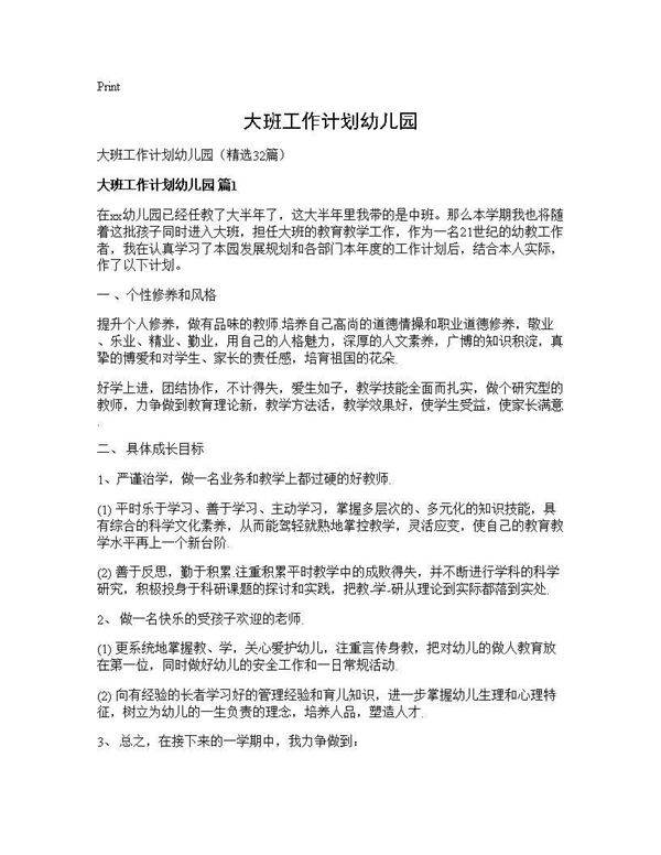 大班工作计划幼儿园32篇