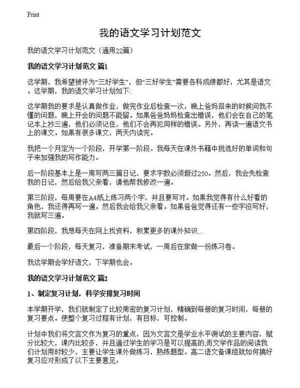 我的语文学习计划范文