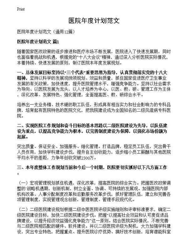 医院年度计划范文