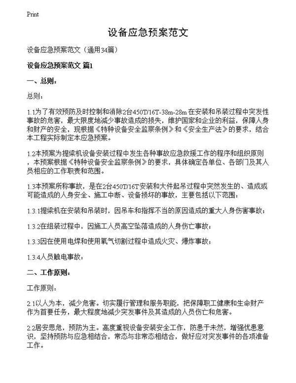 设备应急预案范文