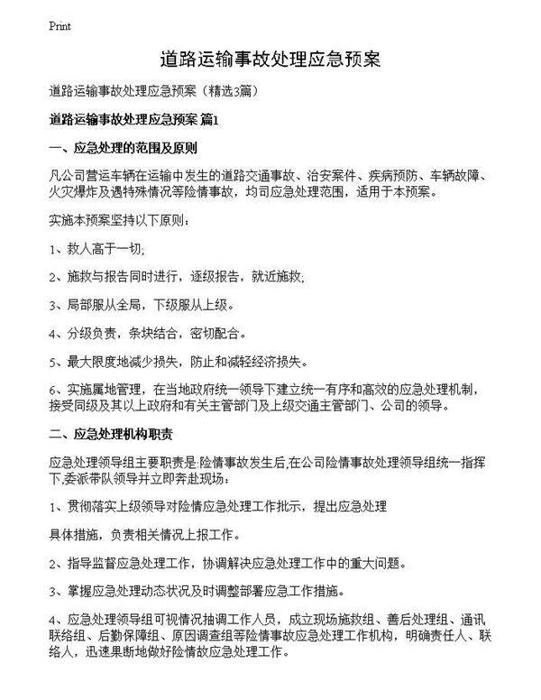 道路运输事故处理应急预案