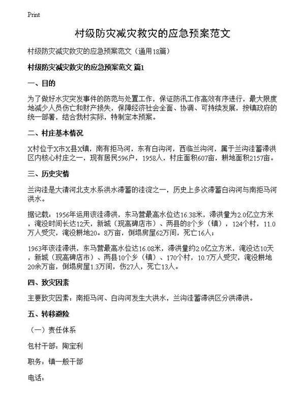 村级防灾减灾救灾的应急预案范文