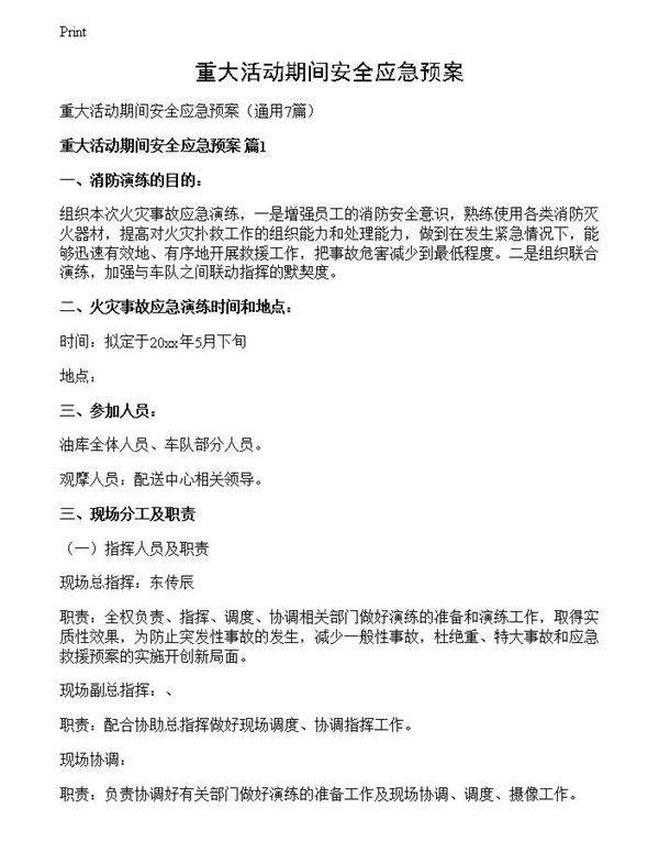 重大活动期间安全应急预案