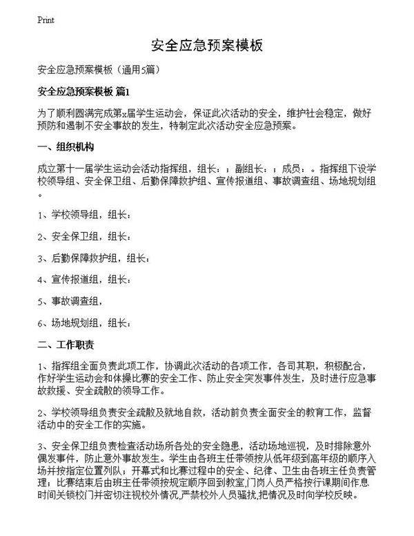 安全应急预案模板