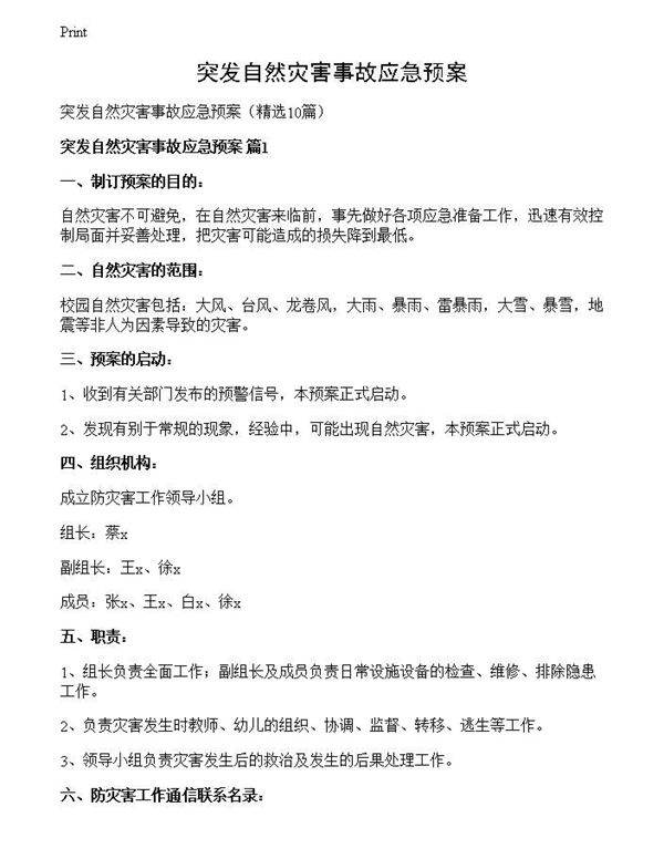 突发自然灾害事故应急预案