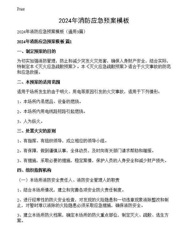 2024年消防应急预案模板