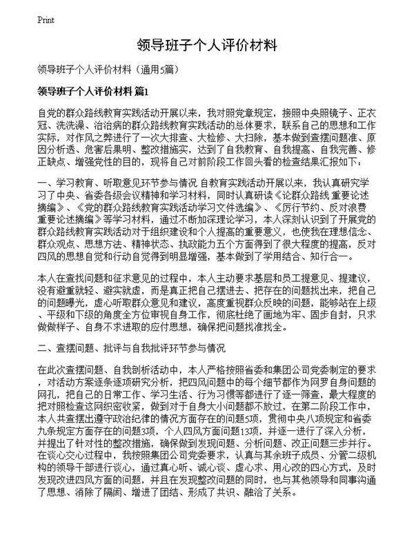 领导班子个人评价材料