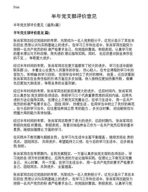 半年党支部评价意见