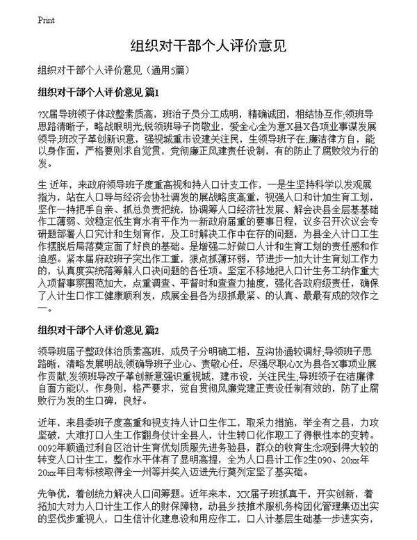 组织对干部个人评价意见